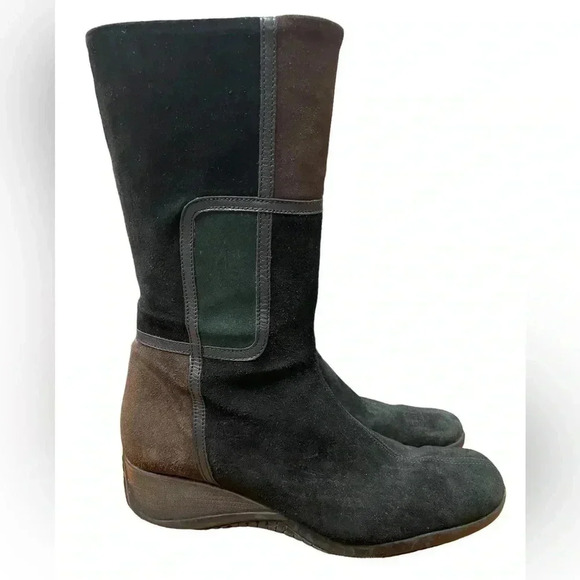 Aquatalia Black/Brown Green Suede ColourBlock Wedge Italian Boots Size 10 - Picture 2 of 9